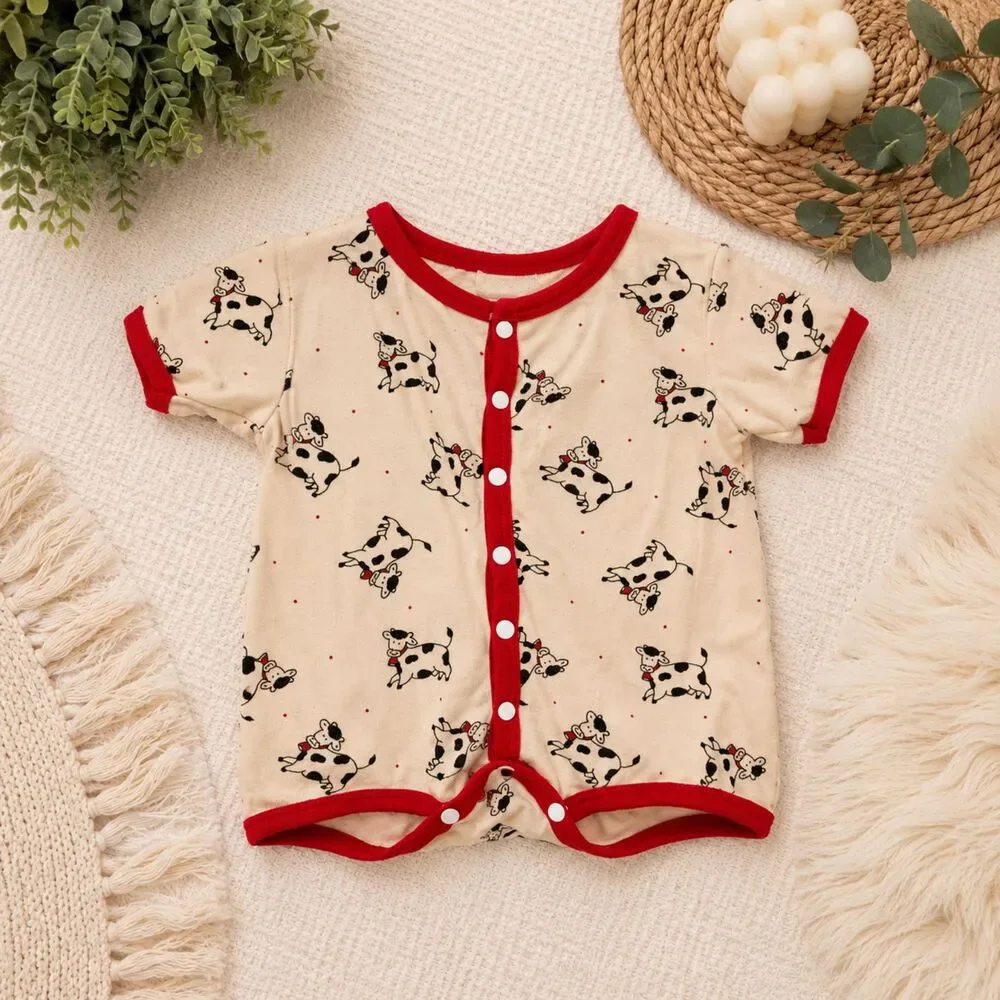 Vintage All Mine Baby Cow Print Romper Red Trim Short Sleeve One Piece